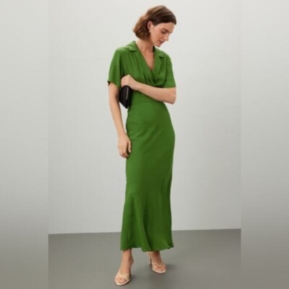 REFORMATION Green Satin Blend Short Sleeve V-Neck Danika A-Line Dress Size M - Picture 3 of 14